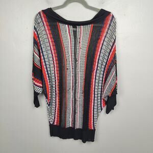 Trina Turk Sheer Striped Sweater‎ Womens Large Approx Pink Black White Artsy